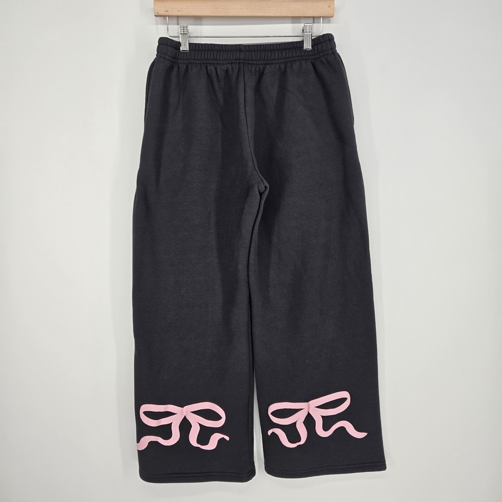 Edikted Bonney Bow Sweatpants Women Small S Baggy Wide Leg Gray Pink Fleece Y2K